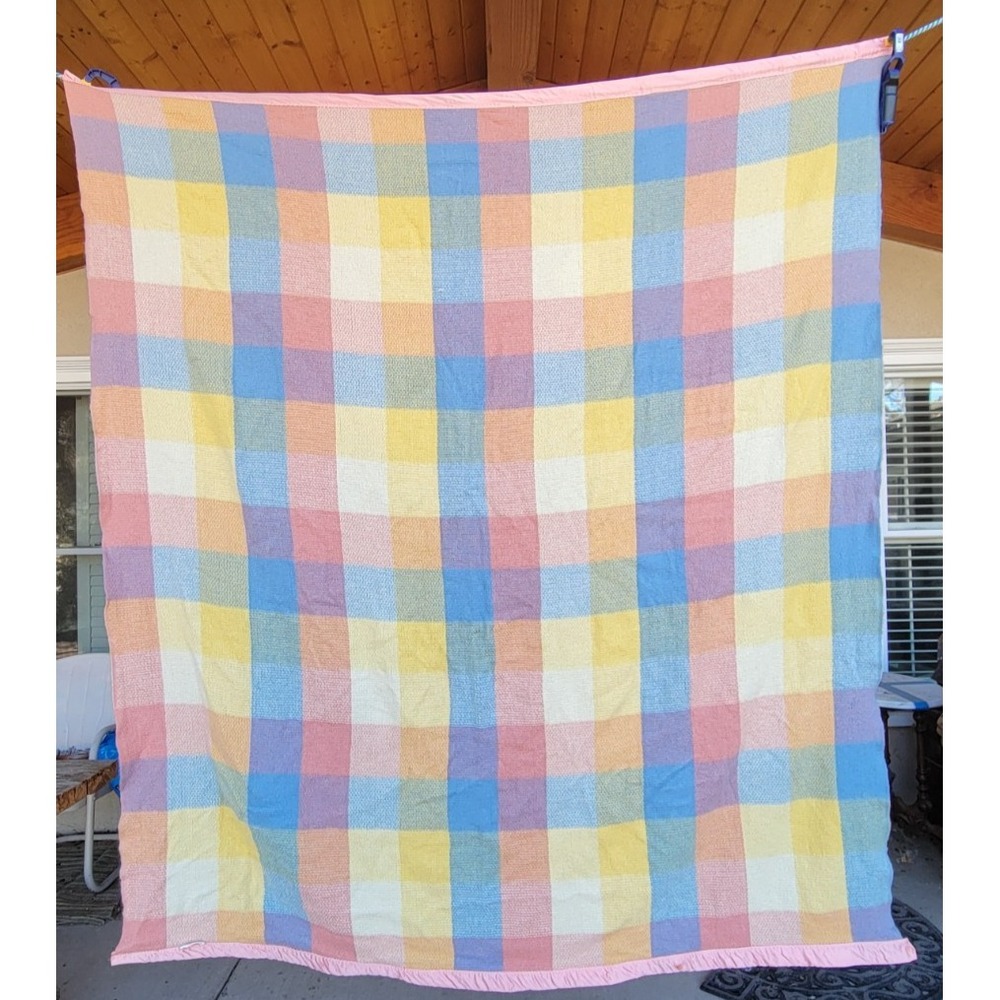 Vtg North Star Woolen Mill Co Wool Blanket Pastel Plaid Pink Blue Yellow Satin
